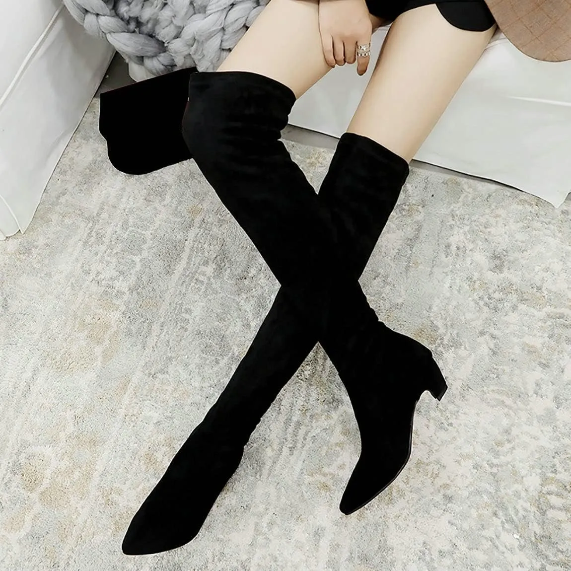 Trendenzy Womens Pointed Toe Kitten Heel Thigh High Boots Faux Suede Stretch Over The Knee Boots