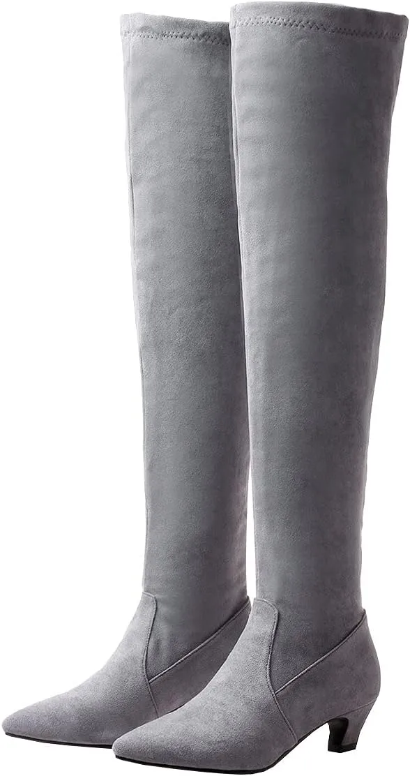 Trendenzy Womens Pointed Toe Kitten Heel Thigh High Boots Faux Suede Stretch Over The Knee Boots