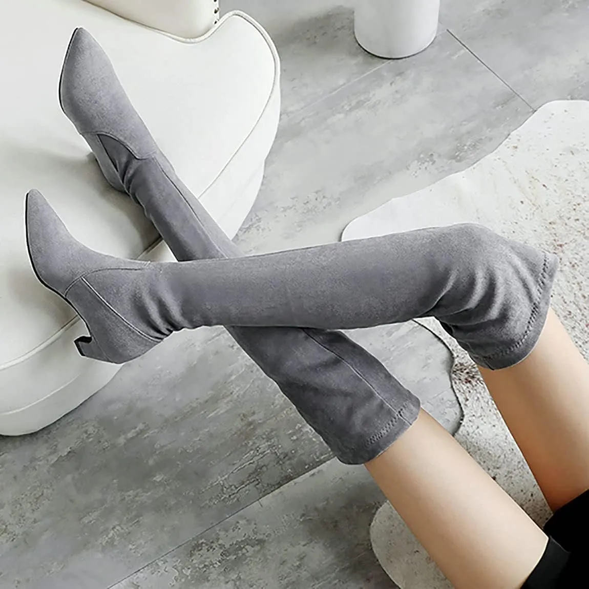 Trendenzy Womens Pointed Toe Kitten Heel Thigh High Boots Faux Suede Stretch Over The Knee Boots