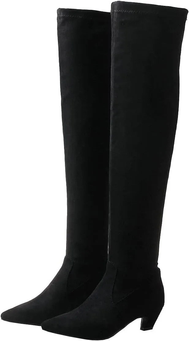 Trendenzy Womens Pointed Toe Kitten Heel Thigh High Boots Faux Suede Stretch Over The Knee Boots