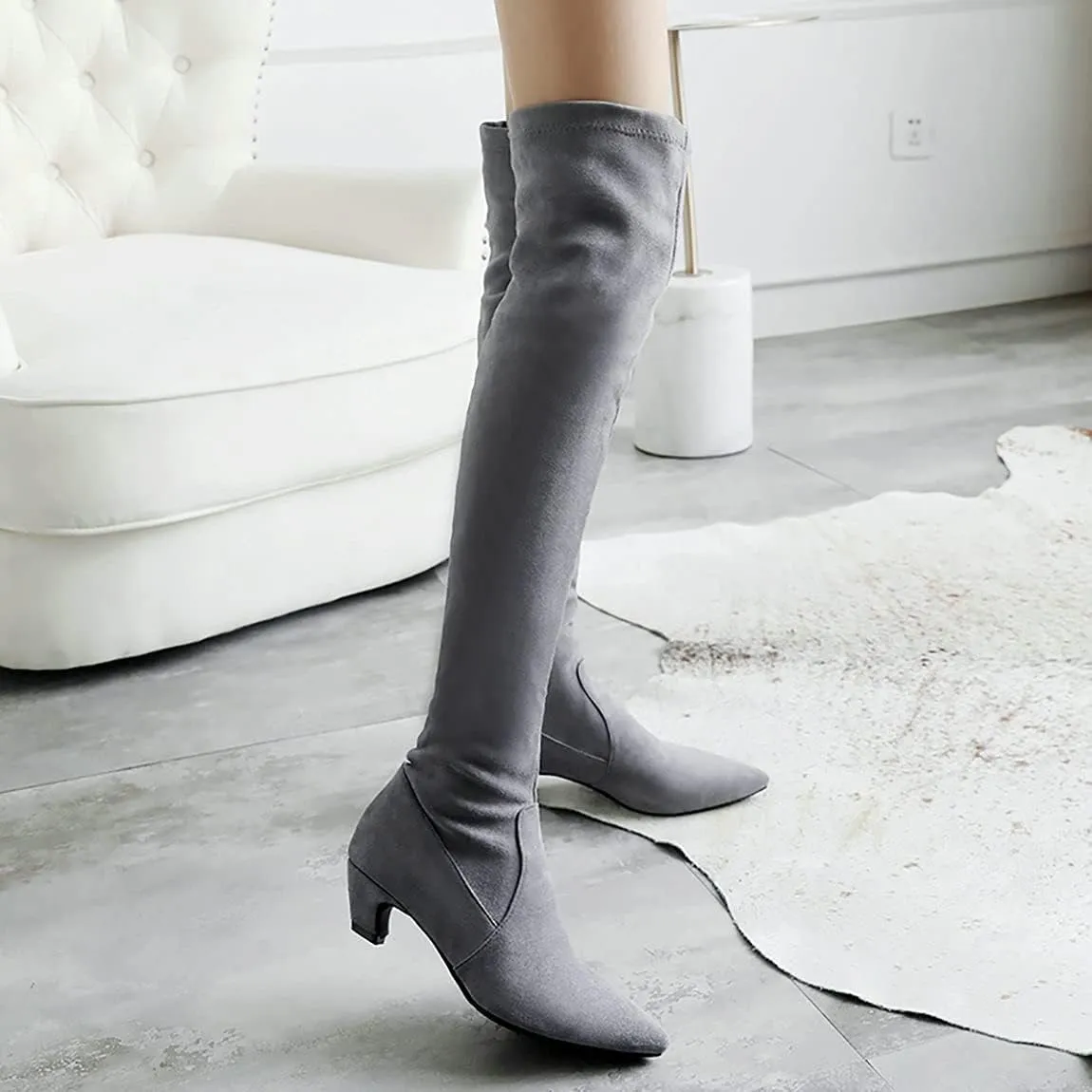 Trendenzy Womens Pointed Toe Kitten Heel Thigh High Boots Faux Suede Stretch Over The Knee Boots