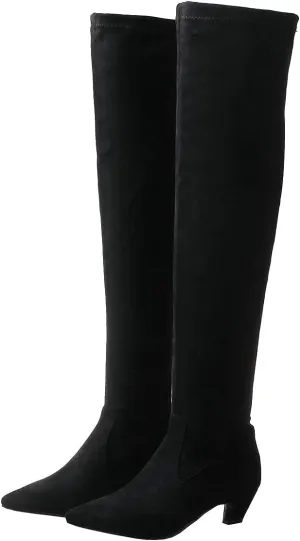 Trendenzy Womens Pointed Toe Kitten Heel Thigh High Boots Faux Suede Stretch Over The Knee Boots