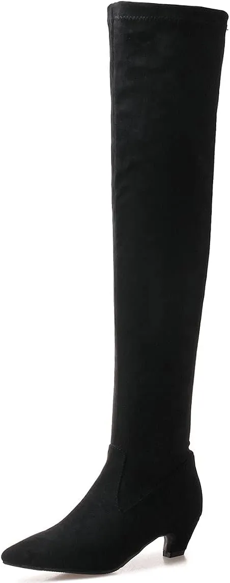 Trendenzy Womens Pointed Toe Kitten Heel Thigh High Boots Faux Suede Stretch Over The Knee Boots