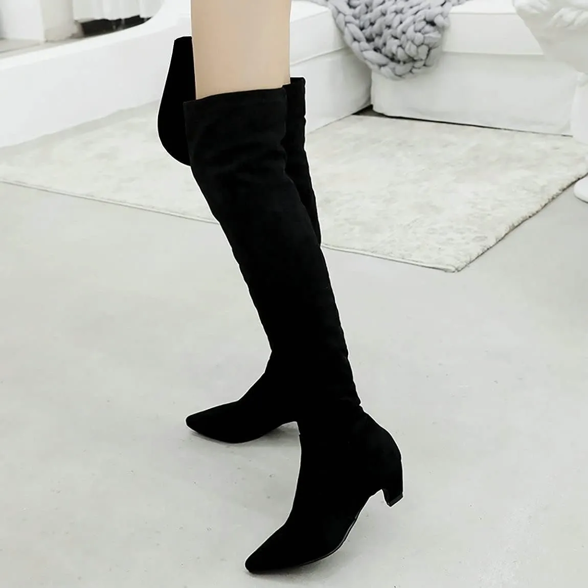 Trendenzy Womens Pointed Toe Kitten Heel Thigh High Boots Faux Suede Stretch Over The Knee Boots