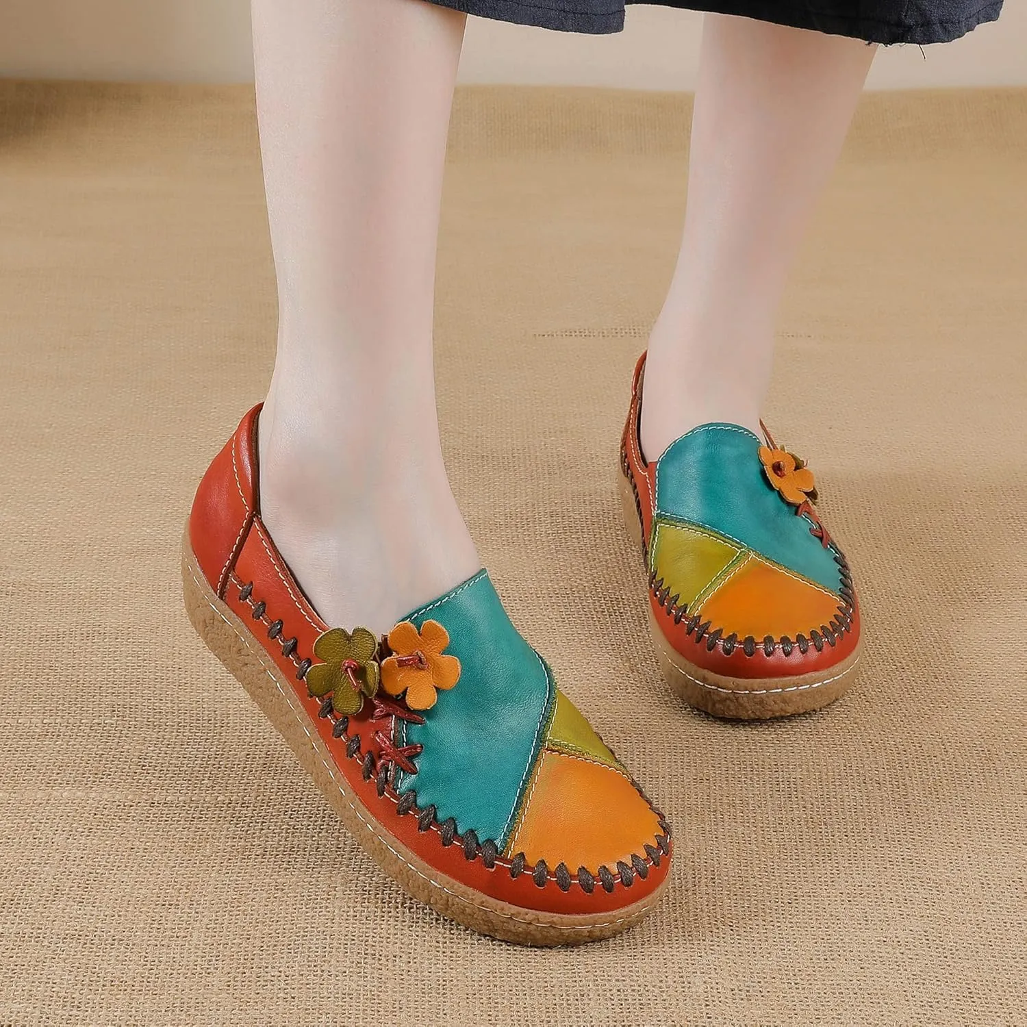 Trsorini Women's Casual Loafers Slip on Multi Color Stitching Leather Shoes Daily Walking