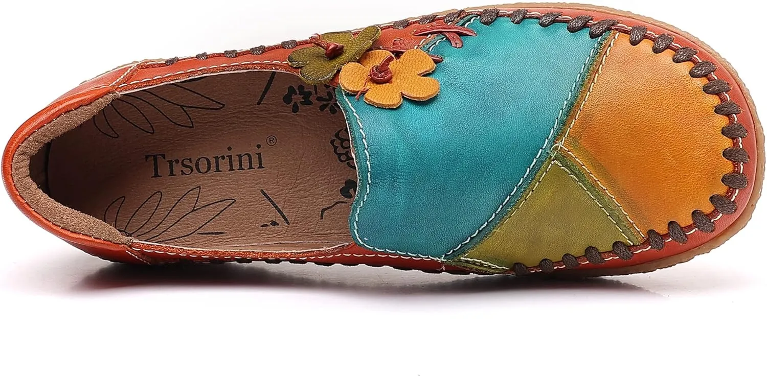 Trsorini Women's Casual Loafers Slip on Multi Color Stitching Leather Shoes Daily Walking