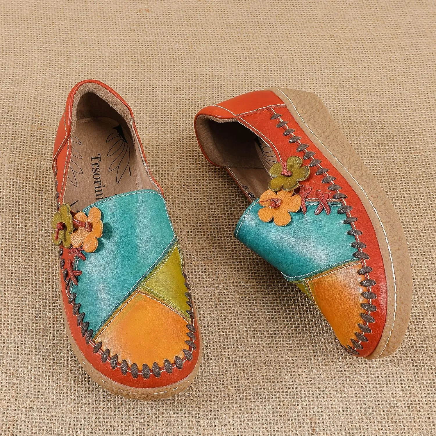 Trsorini Women's Casual Loafers Slip on Multi Color Stitching Leather Shoes Daily Walking