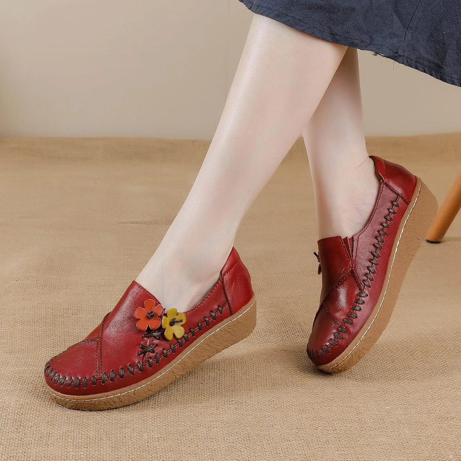 Trsorini Women's Casual Loafers Slip on Multi Color Stitching Leather Shoes Daily Walking