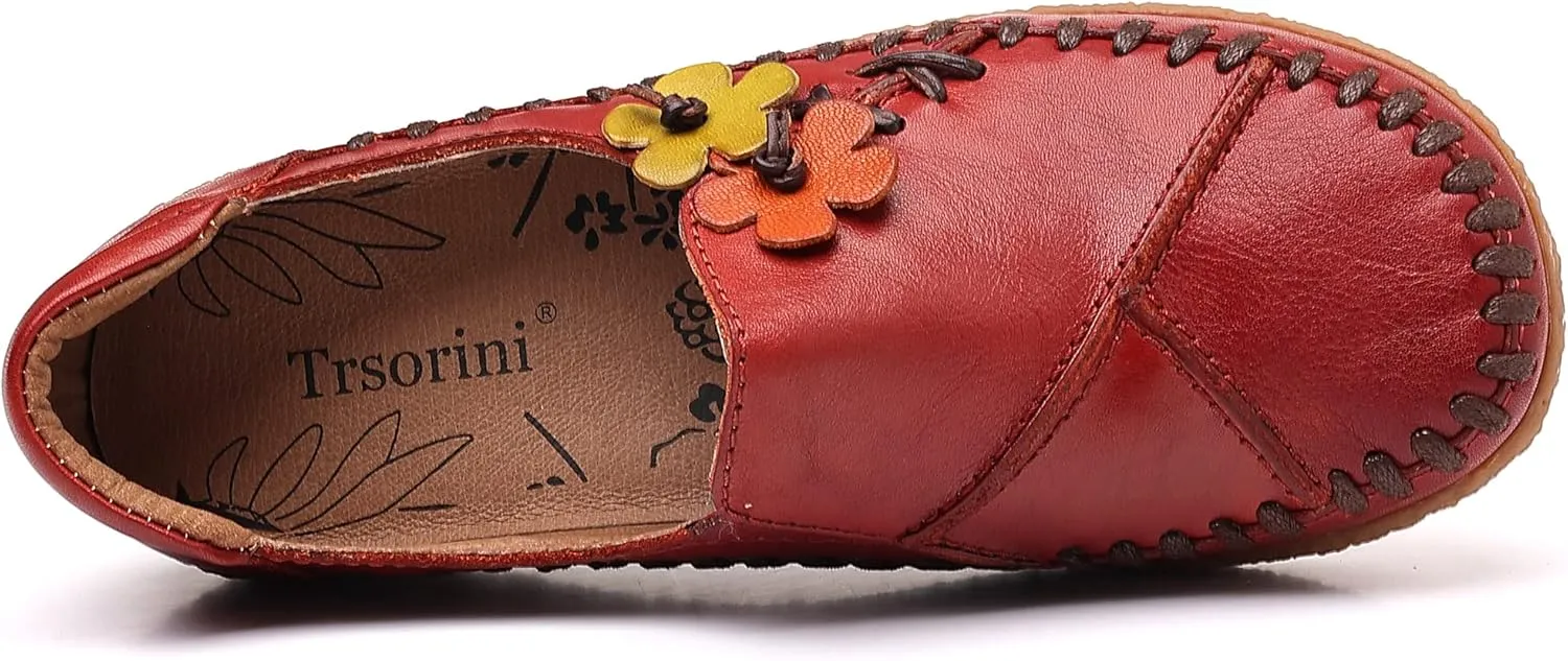 Trsorini Women's Casual Loafers Slip on Multi Color Stitching Leather Shoes Daily Walking