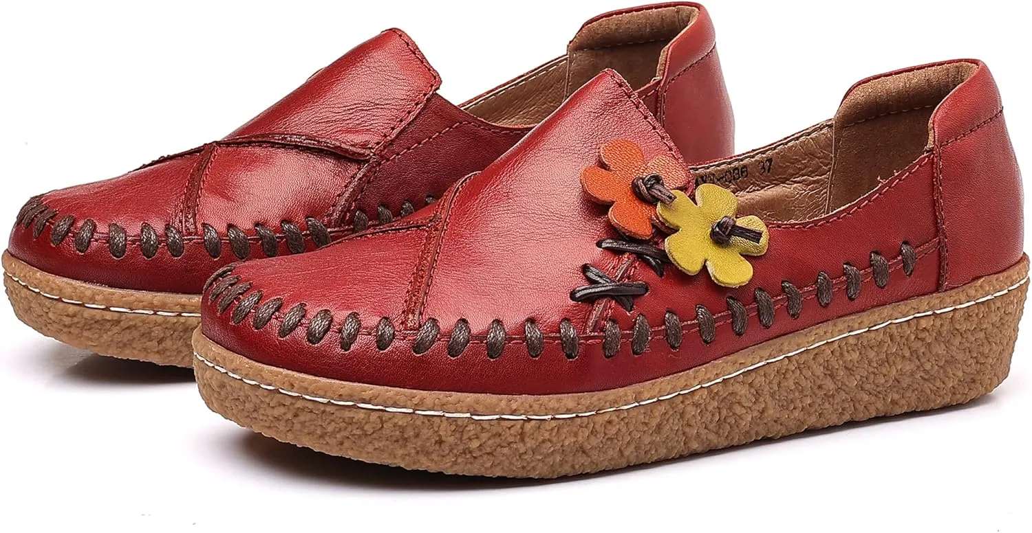 Trsorini Women's Casual Loafers Slip on Multi Color Stitching Leather Shoes Daily Walking
