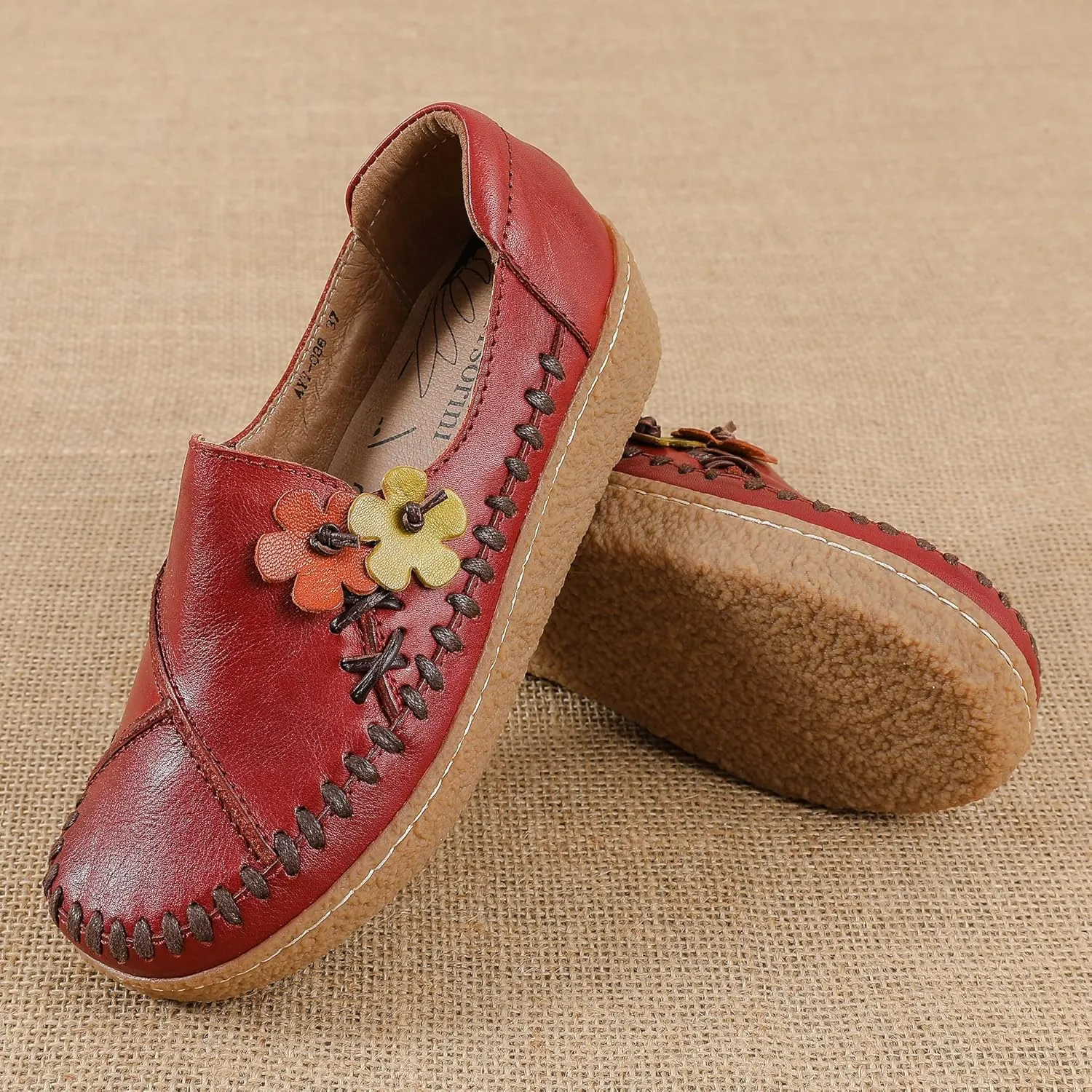 Trsorini Women's Casual Loafers Slip on Multi Color Stitching Leather Shoes Daily Walking