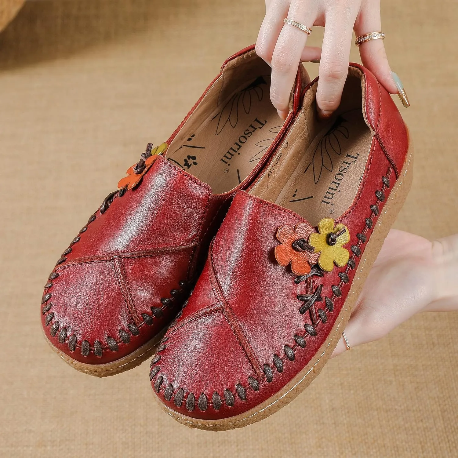 Trsorini Women's Casual Loafers Slip on Multi Color Stitching Leather Shoes Daily Walking