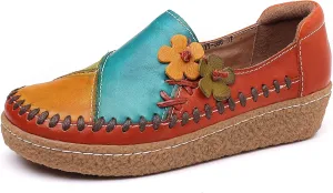 Trsorini Women's Casual Loafers Slip on Multi Color Stitching Leather Shoes Daily Walking