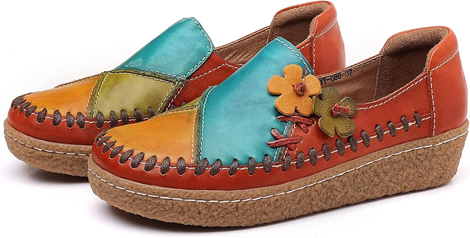 Trsorini Women's Casual Loafers Slip on Multi Color Stitching Leather Shoes Daily Walking