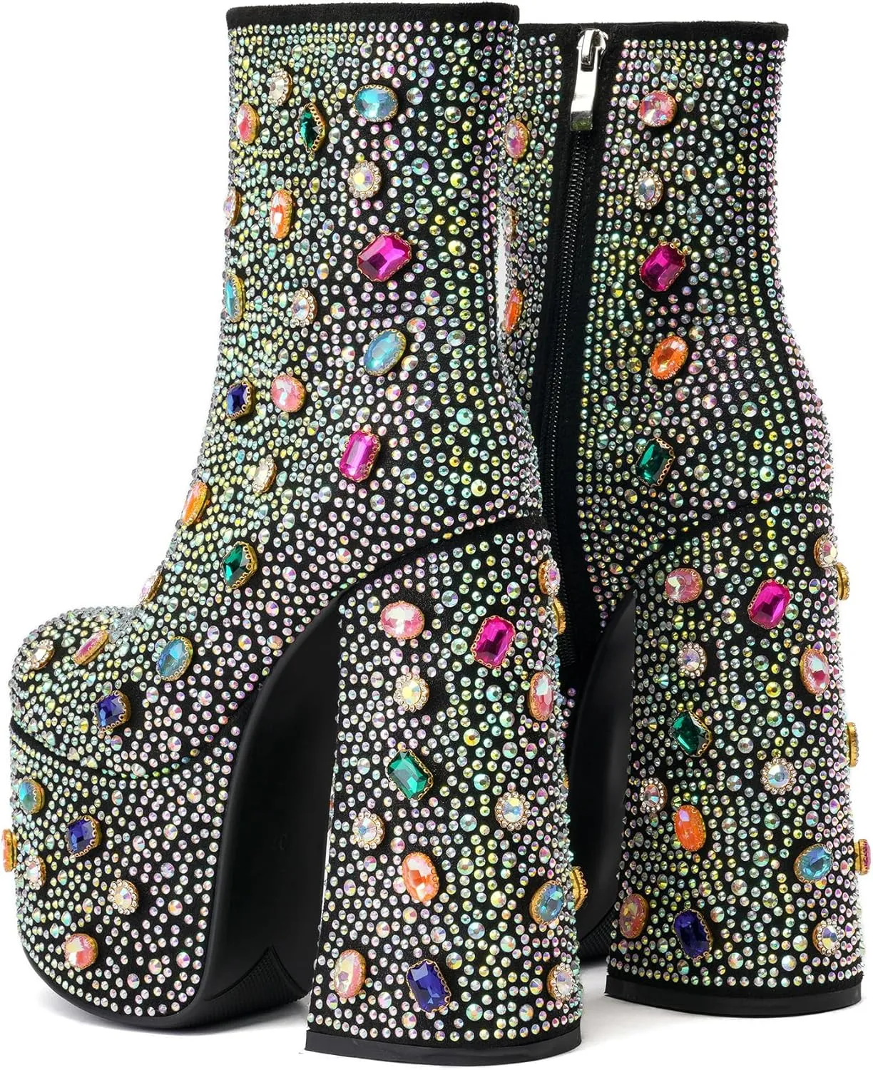 Tsrenlmln Women's Rhinestone Platform Boots for Women Round Toe Sparkly Ankle Boots for Women With Chunky Heel