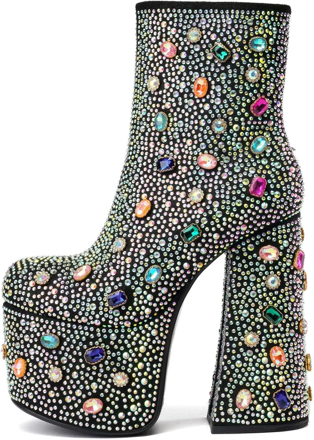 Tsrenlmln Women's Rhinestone Platform Boots for Women Round Toe Sparkly Ankle Boots for Women With Chunky Heel