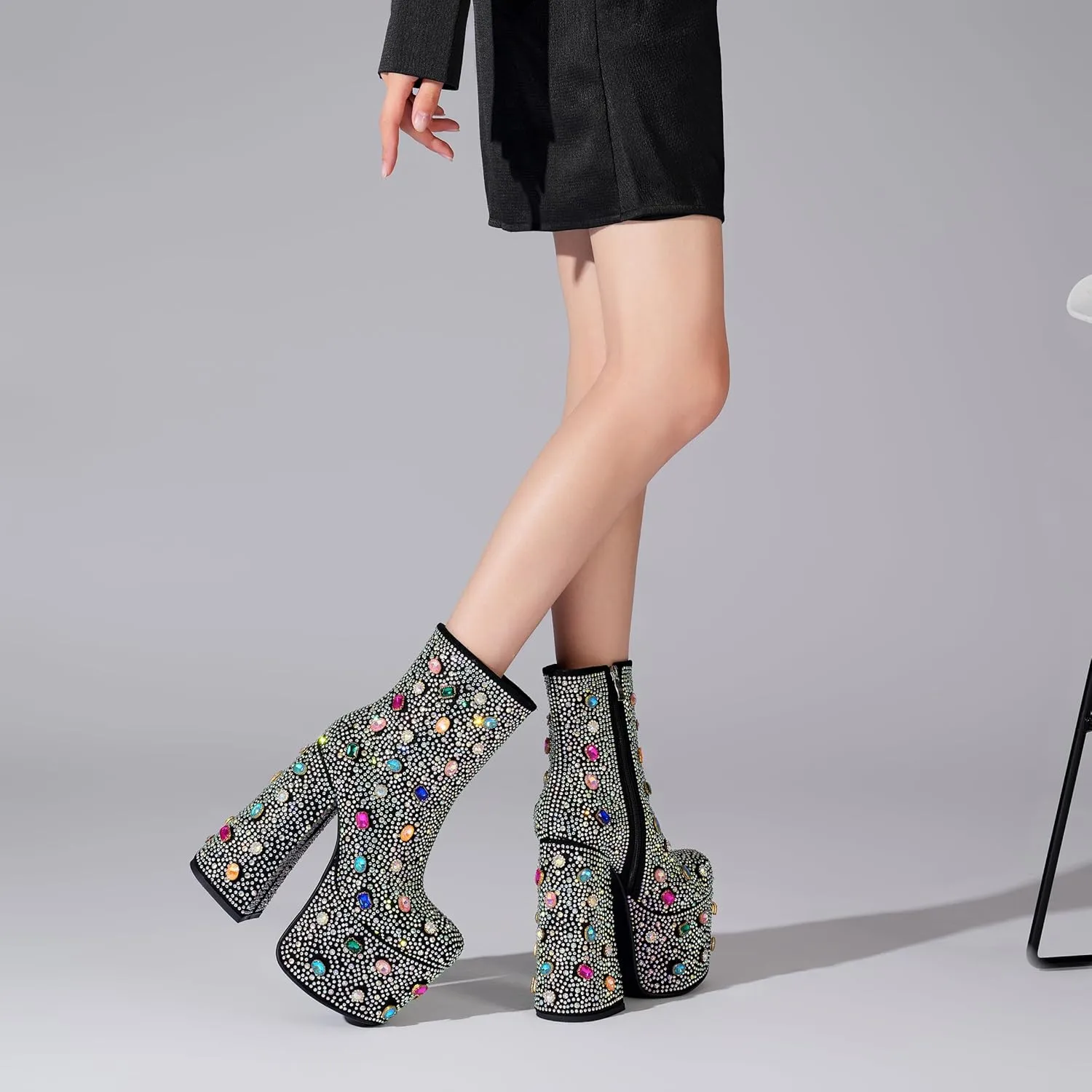 Tsrenlmln Women's Rhinestone Platform Boots for Women Round Toe Sparkly Ankle Boots for Women With Chunky Heel