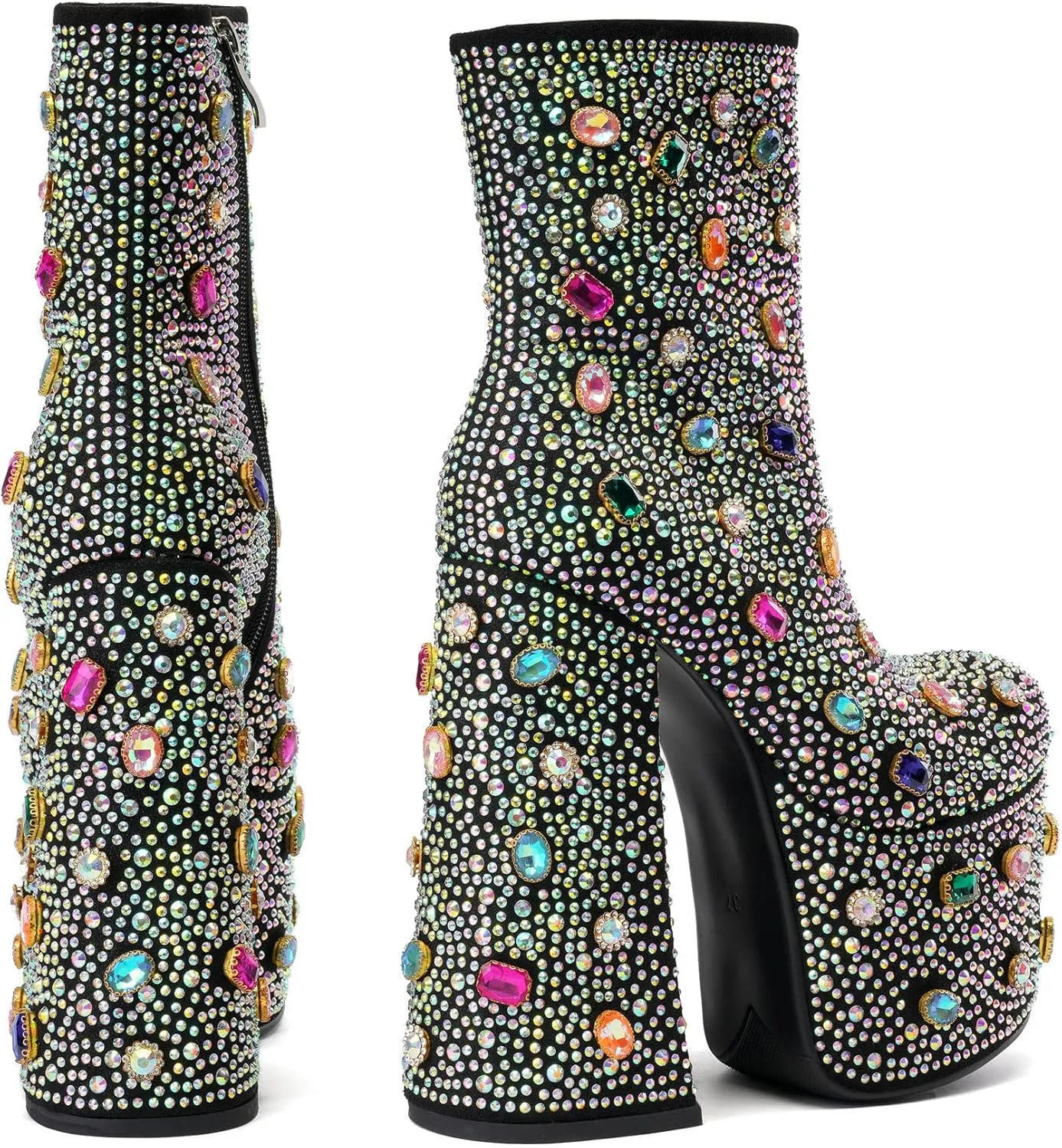 Tsrenlmln Women's Rhinestone Platform Boots for Women Round Toe Sparkly Ankle Boots for Women With Chunky Heel