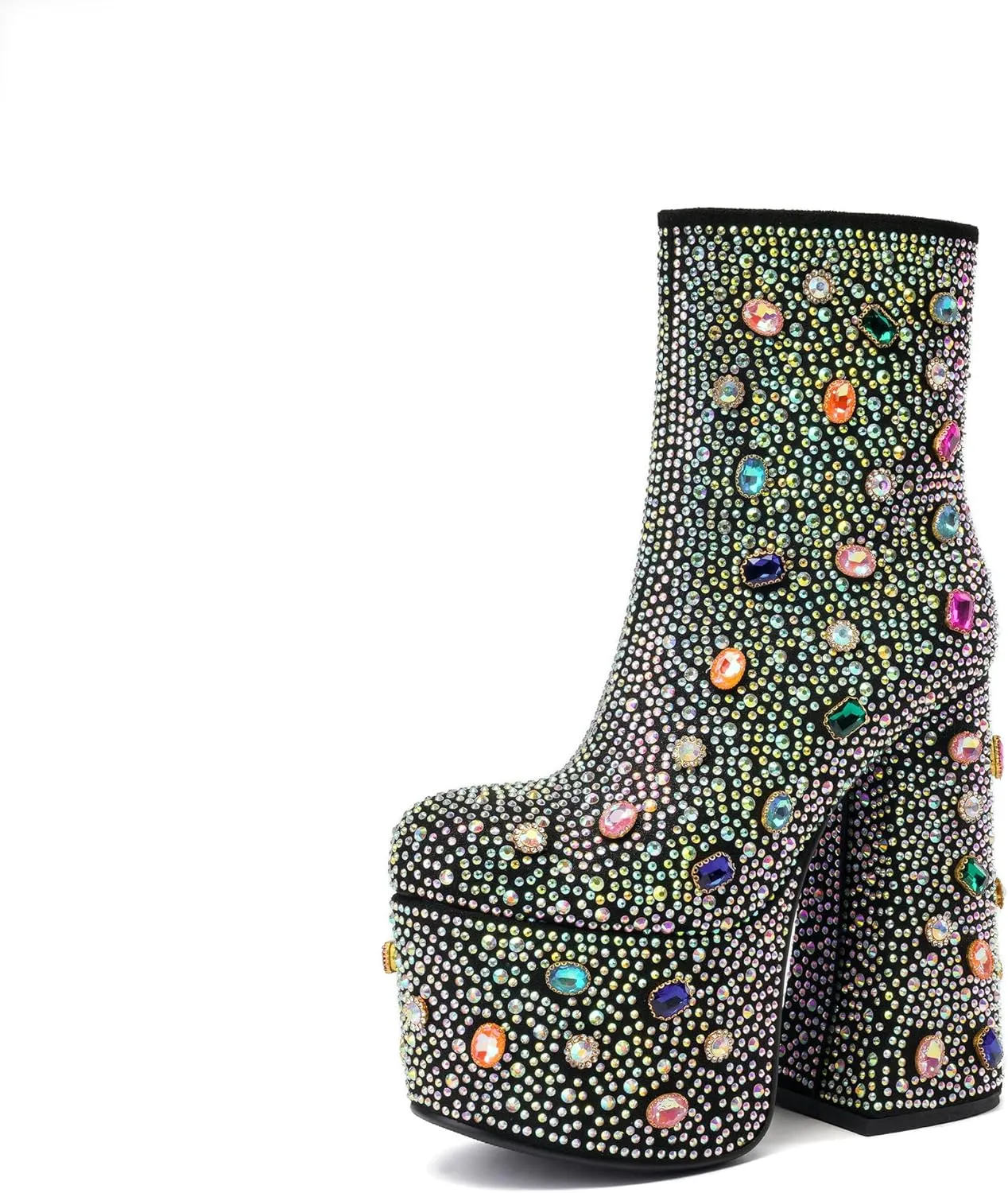 Tsrenlmln Women's Rhinestone Platform Boots for Women Round Toe Sparkly Ankle Boots for Women With Chunky Heel