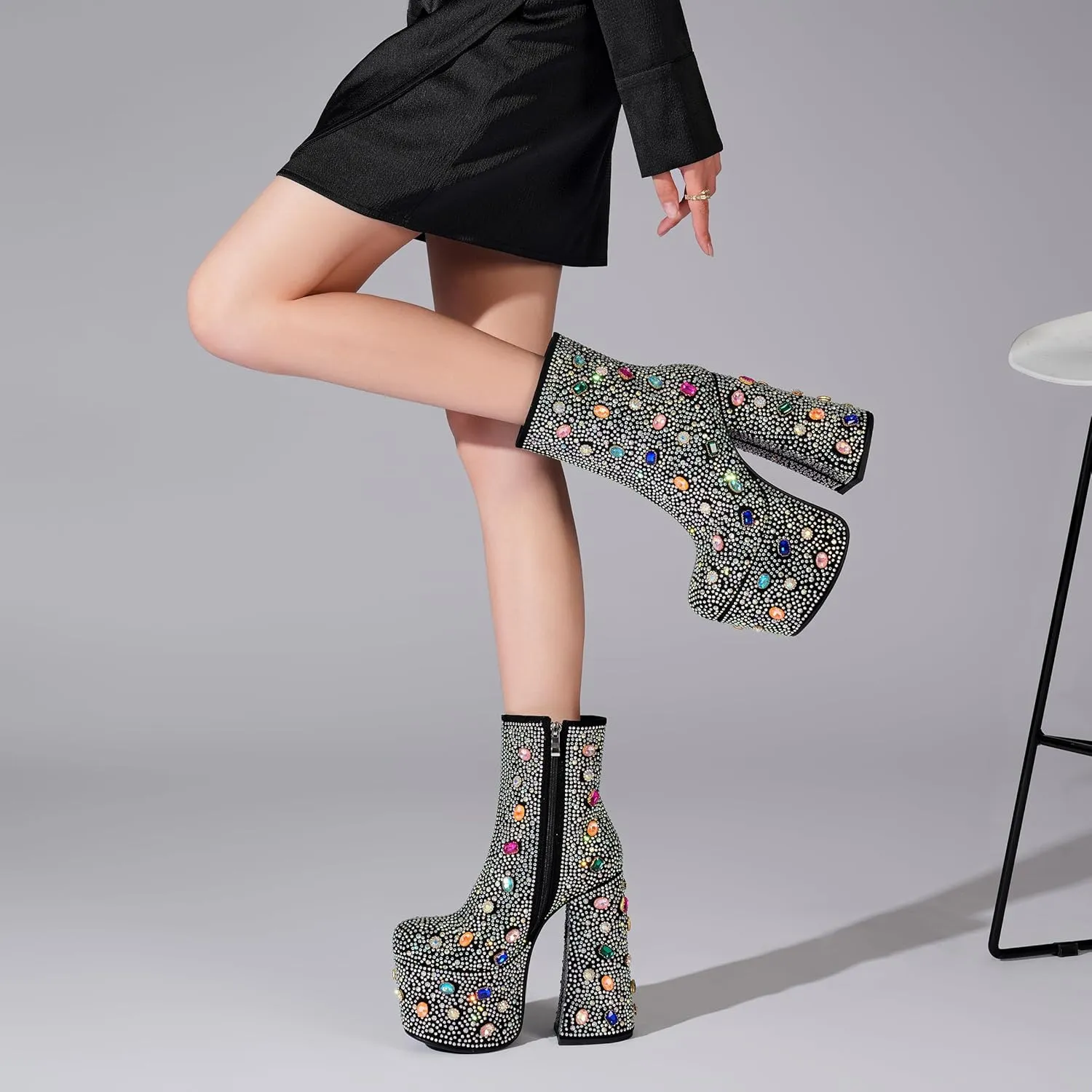 Tsrenlmln Women's Rhinestone Platform Boots for Women Round Toe Sparkly Ankle Boots for Women With Chunky Heel