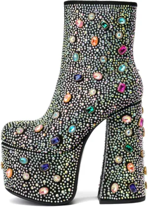 Tsrenlmln Women's Rhinestone Platform Boots for Women Round Toe Sparkly Ankle Boots for Women With Chunky Heel