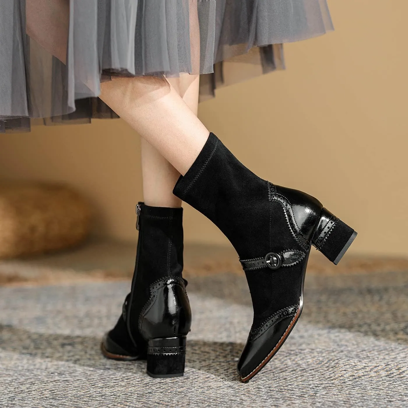 U-lite Women's Elastic Suede Fall Winter Square Toe Shoes, Leather Mid Heel Ankle Boots, Buckle Strap Embellishment Booties