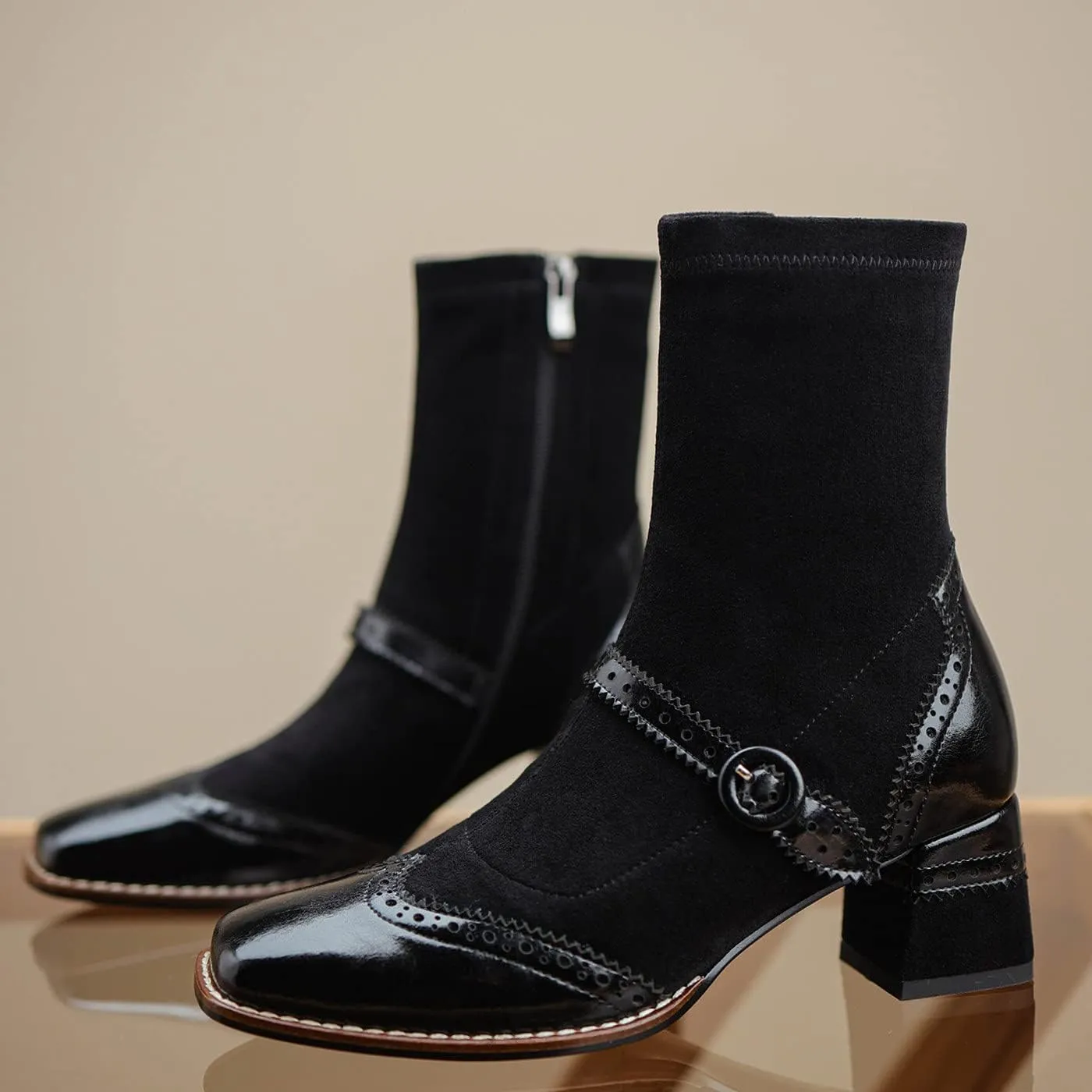 U-lite Women's Elastic Suede Fall Winter Square Toe Shoes, Leather Mid Heel Ankle Boots, Buckle Strap Embellishment Booties