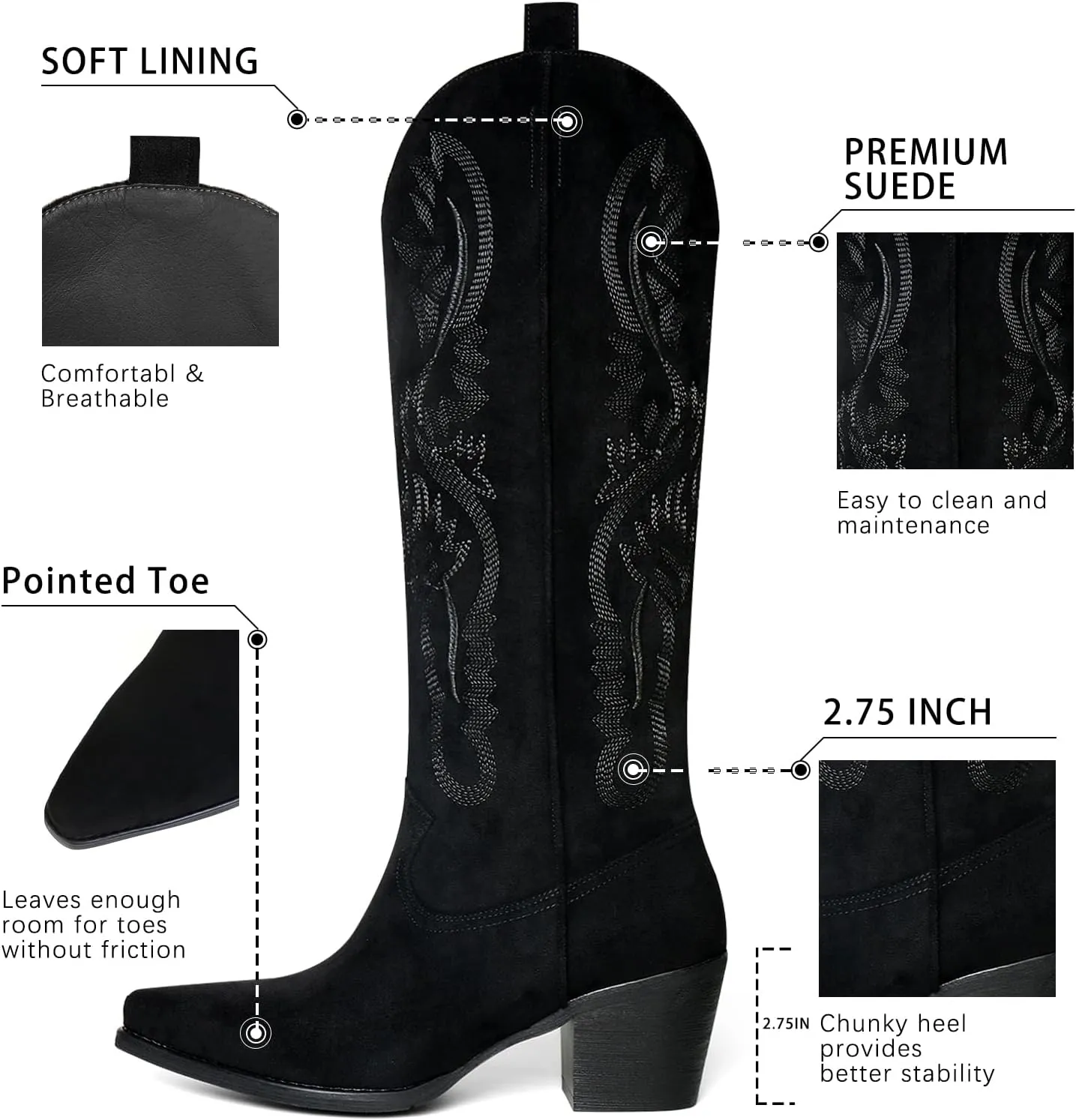 UBWDU Suede Cowboy Knee High Boots Women Pointed Toe Chunky Heel Embroidered Western Cowgirl Boots