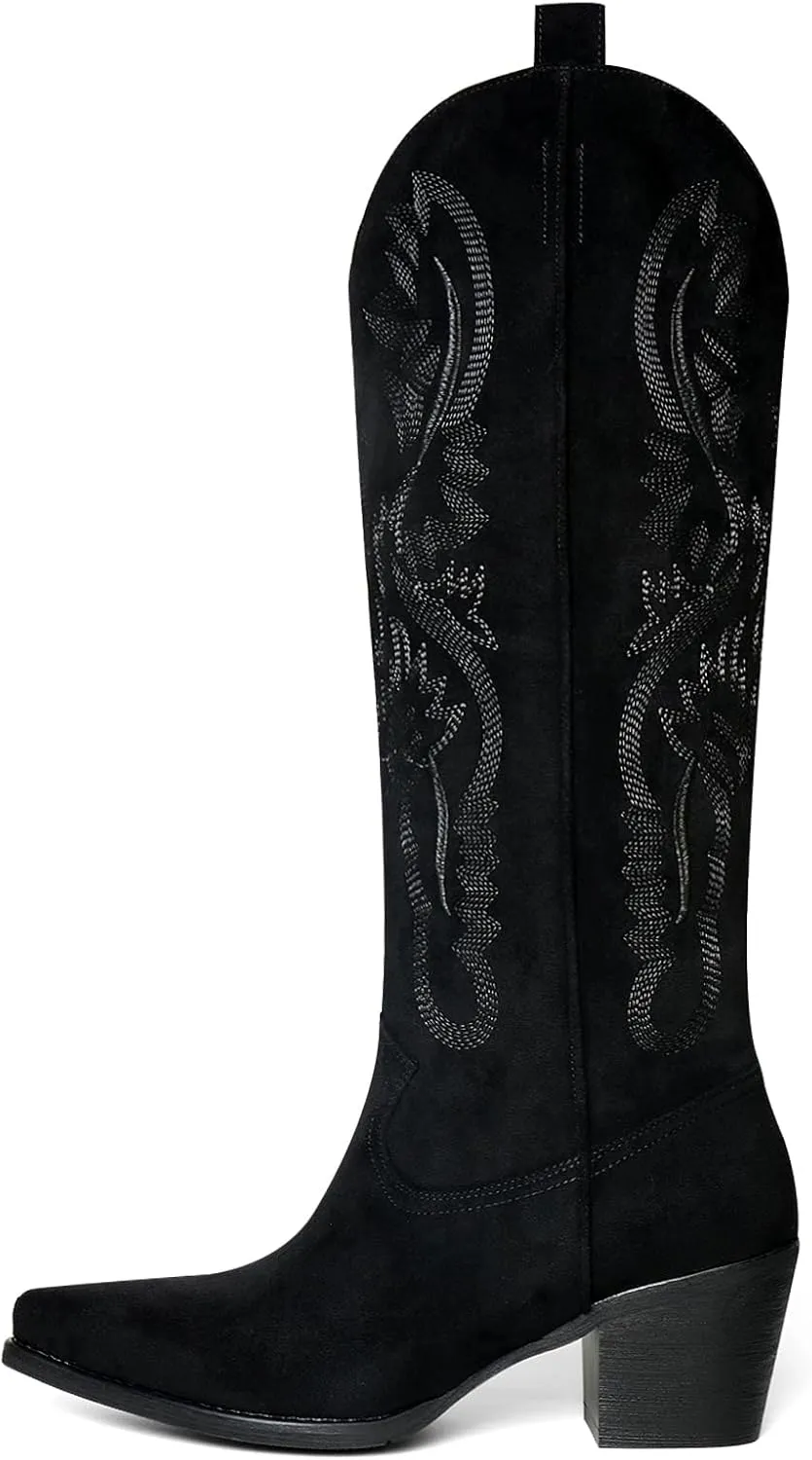UBWDU Suede Cowboy Knee High Boots Women Pointed Toe Chunky Heel Embroidered Western Cowgirl Boots