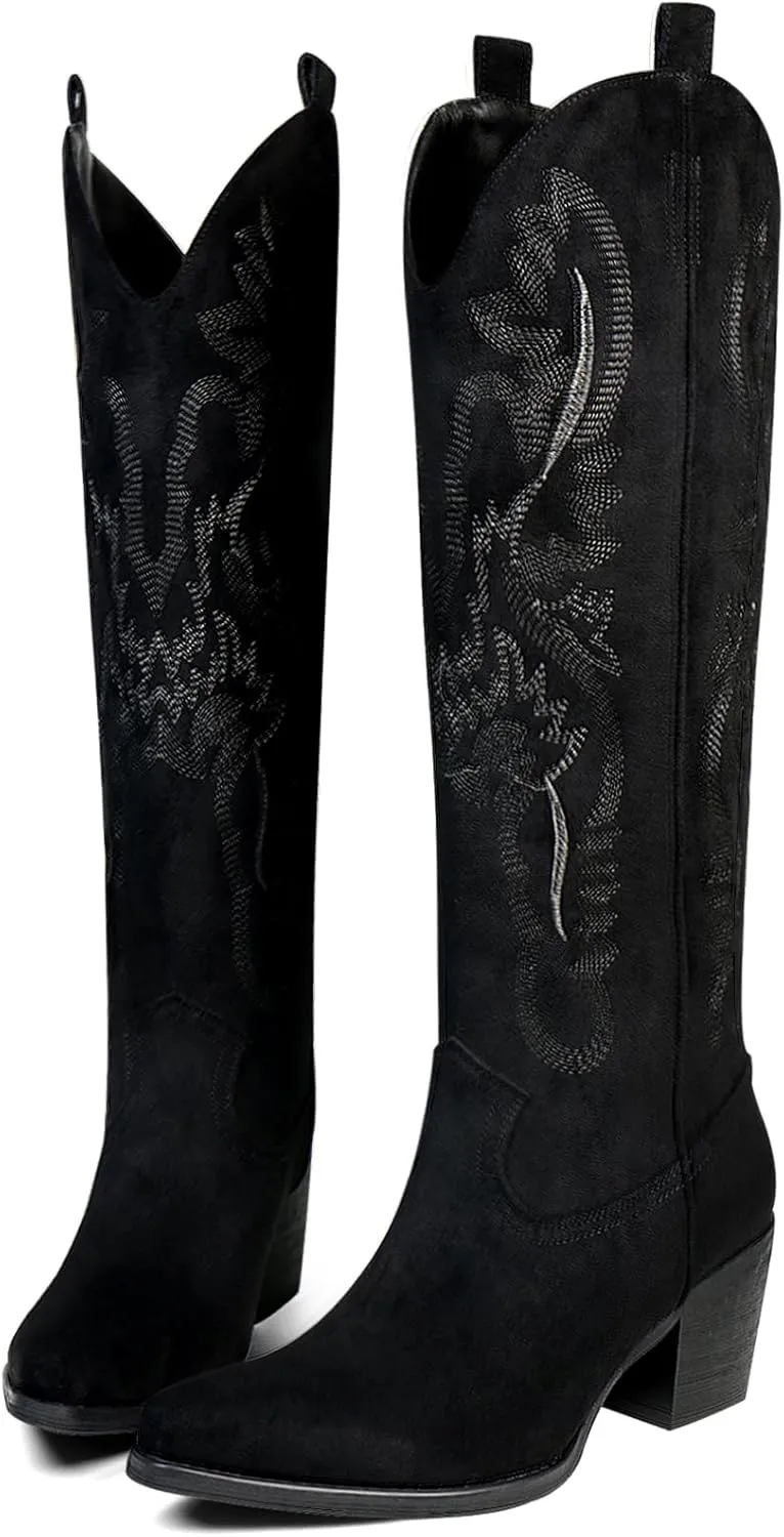 UBWDU Suede Cowboy Knee High Boots Women Pointed Toe Chunky Heel Embroidered Western Cowgirl Boots