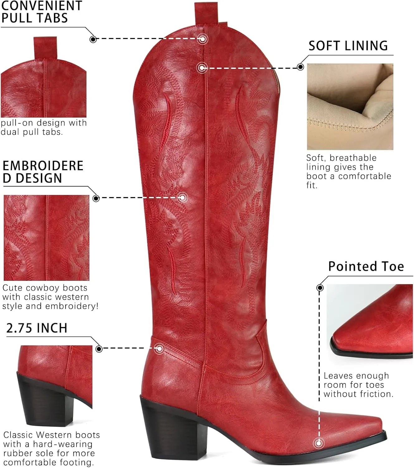 UBWDU Suede Cowboy Knee High Boots Women Pointed Toe Chunky Heel Embroidered Western Cowgirl Boots