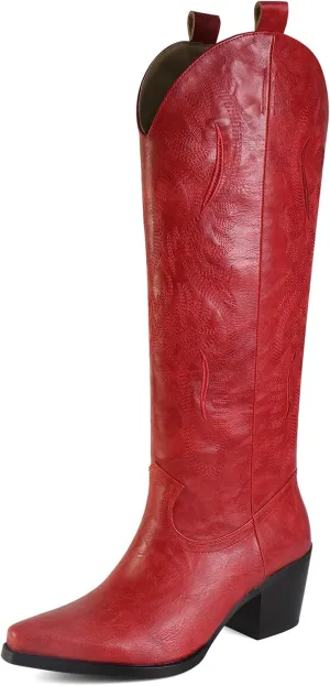 UBWDU Suede Cowboy Knee High Boots Women Pointed Toe Chunky Heel Embroidered Western Cowgirl Boots