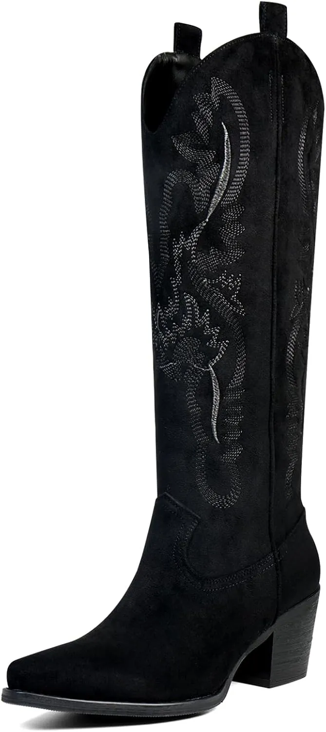 UBWDU Suede Cowboy Knee High Boots Women Pointed Toe Chunky Heel Embroidered Western Cowgirl Boots