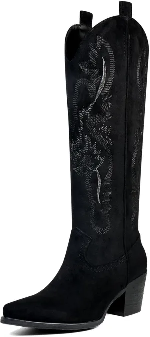 UBWDU Suede Cowboy Knee High Boots Women Pointed Toe Chunky Heel Embroidered Western Cowgirl Boots