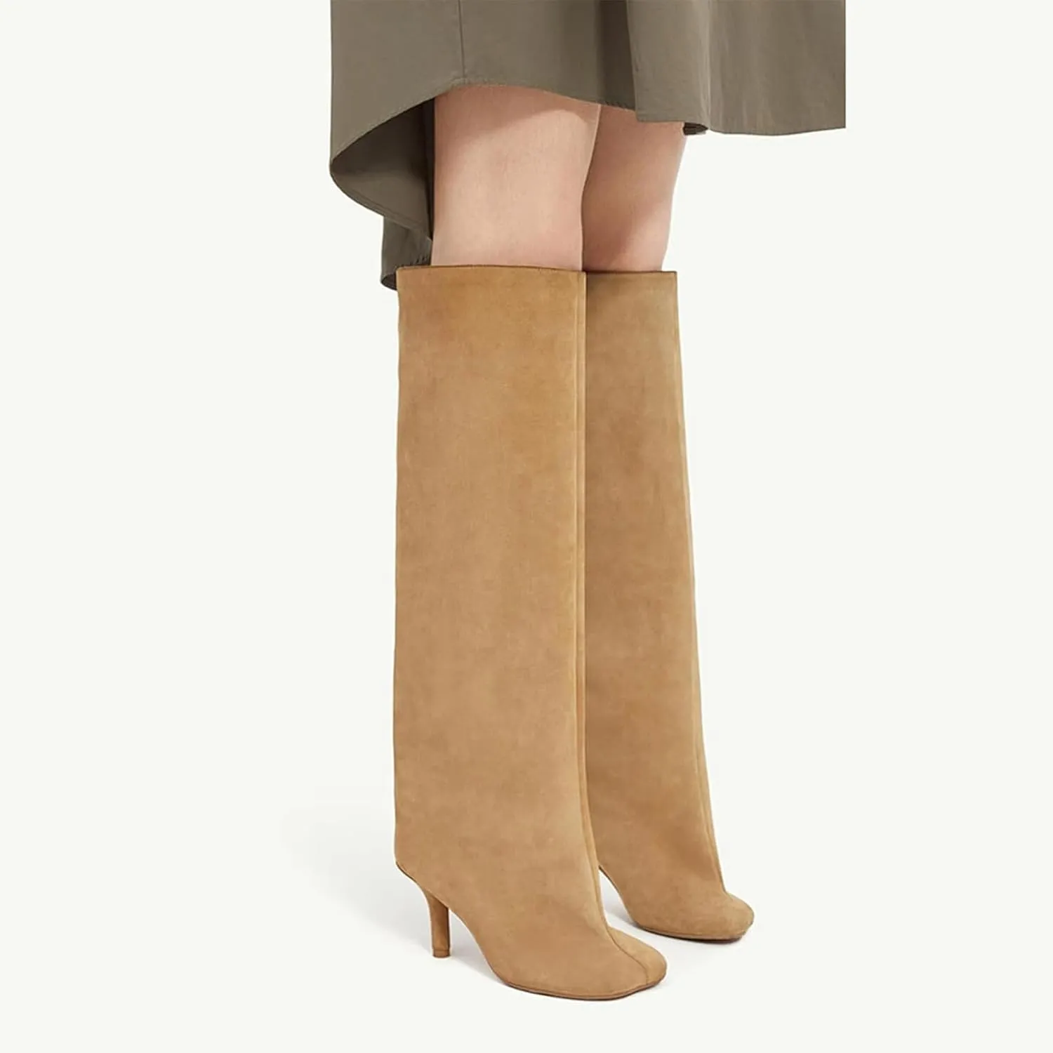 UBWDU Women's Suede Knee High Boots Square Toe Stiletto Heels Wide Calf Tall Boots