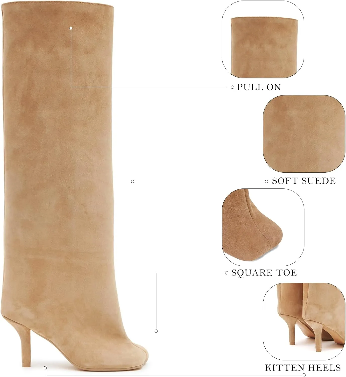 UBWDU Women's Suede Knee High Boots Square Toe Stiletto Heels Wide Calf Tall Boots