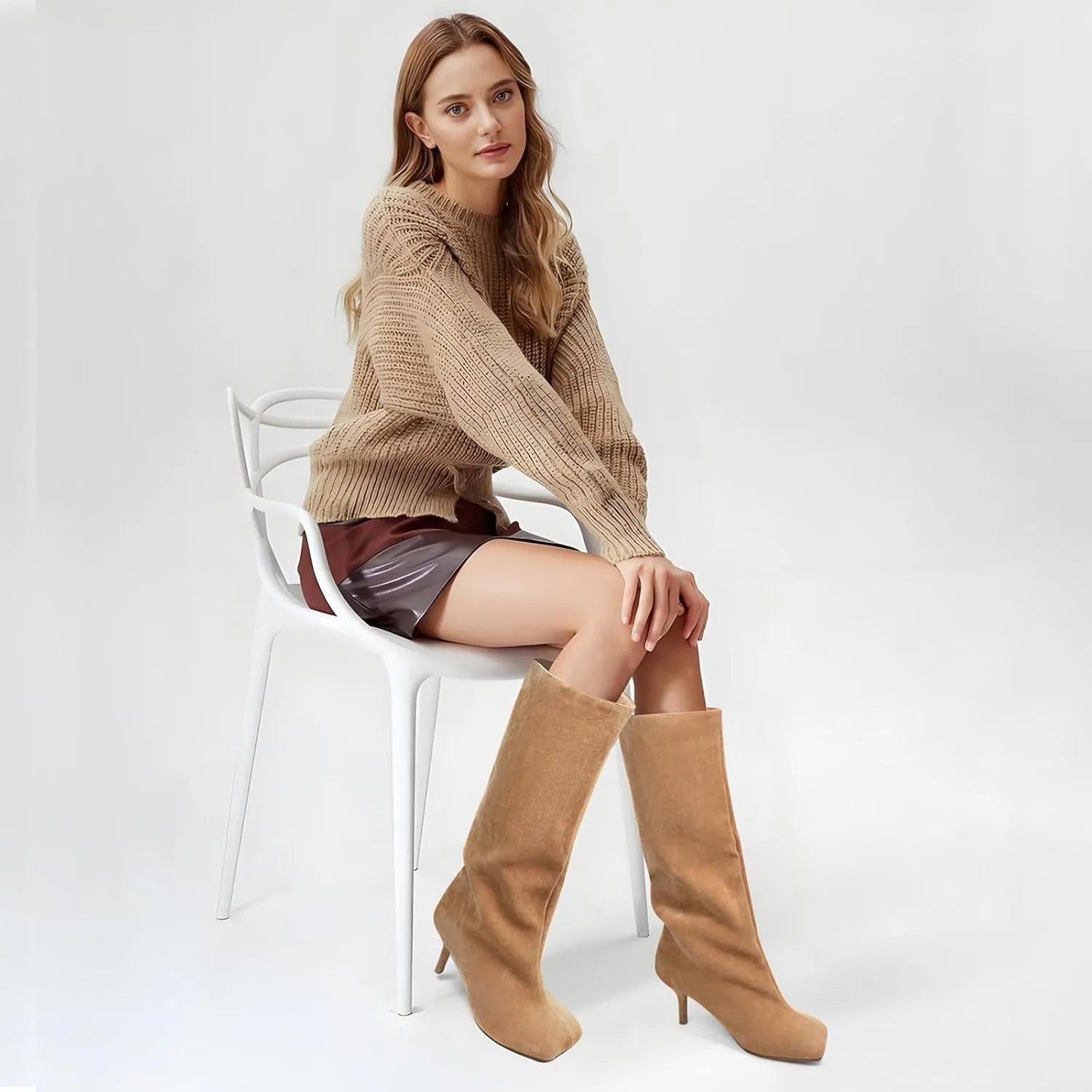 UBWDU Women's Suede Knee High Boots Square Toe Stiletto Heels Wide Calf Tall Boots