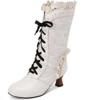 UniqueStride Women Lolita Kitten Heels Mid Calf Boots Mid Heel Sweet Bow Lace Up Cosplay Kawaii Dress Boots