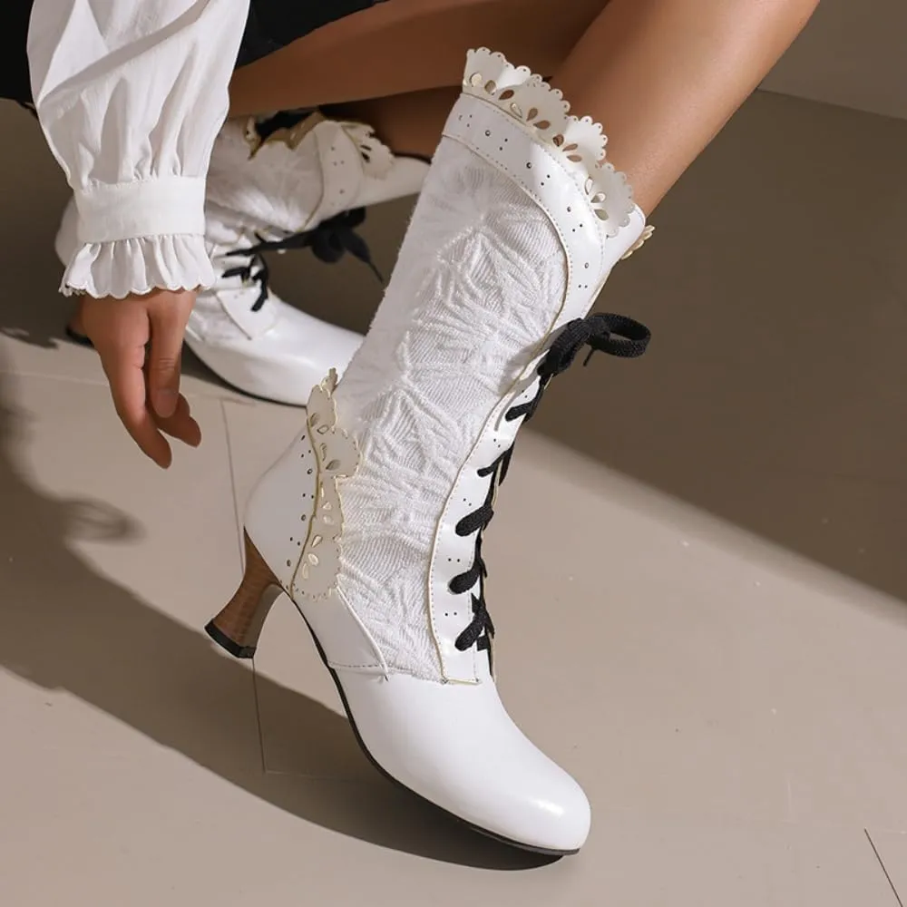 UniqueStride Women Lolita Kitten Heels Mid Calf Boots Mid Heel Sweet Bow Lace Up Cosplay Kawaii Dress Boots