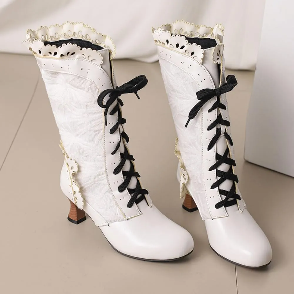 UniqueStride Women Lolita Kitten Heels Mid Calf Boots Mid Heel Sweet Bow Lace Up Cosplay Kawaii Dress Boots