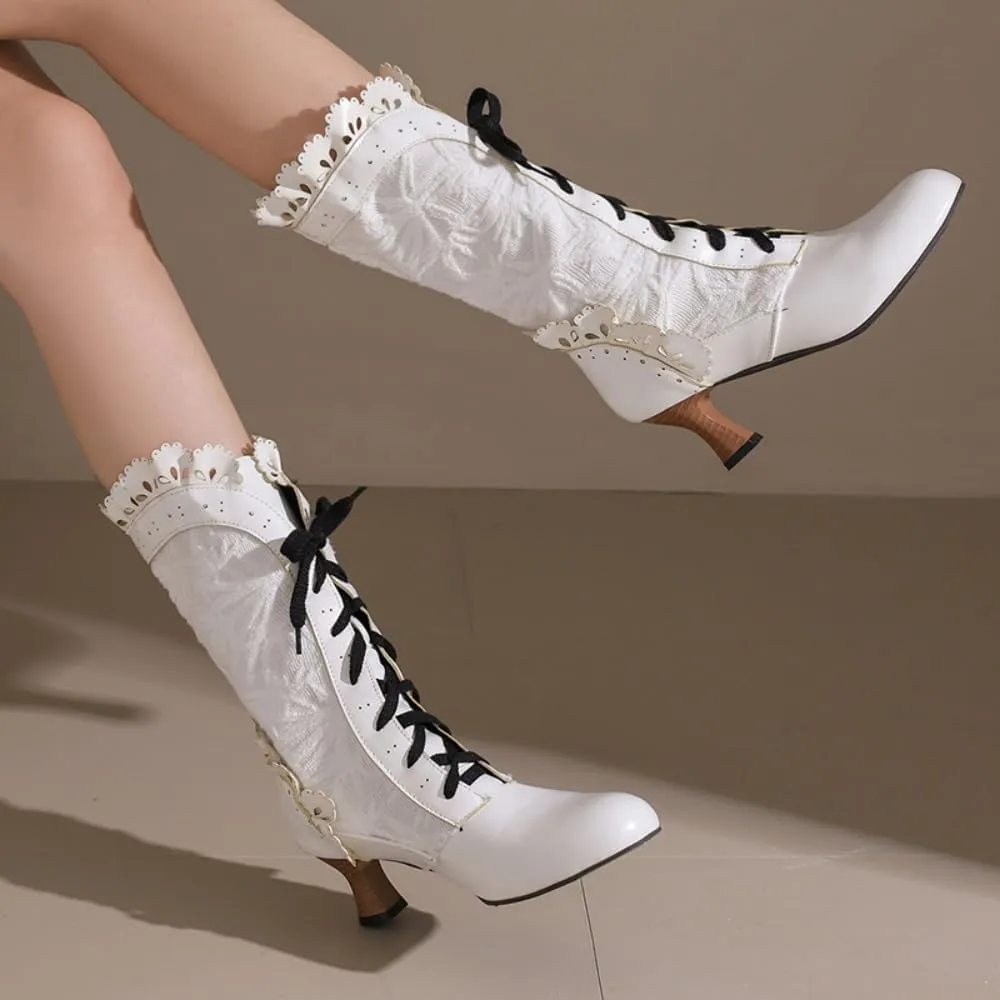 UniqueStride Women Lolita Kitten Heels Mid Calf Boots Mid Heel Sweet Bow Lace Up Cosplay Kawaii Dress Boots