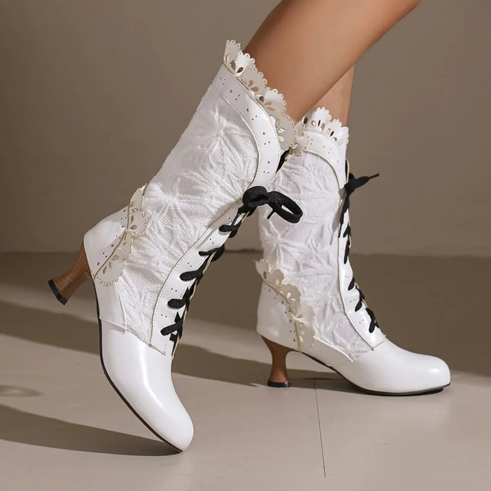 UniqueStride Women Lolita Kitten Heels Mid Calf Boots Mid Heel Sweet Bow Lace Up Cosplay Kawaii Dress Boots