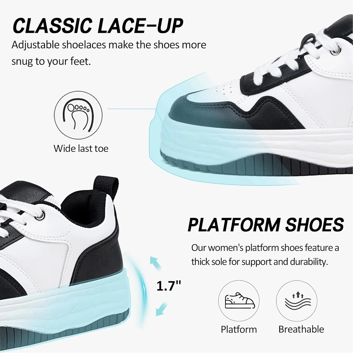 Vepose 8060 Women's Fashion Platform Sneakers, Wide Toe Design Leather Casual Tennis Lace-up Shoes