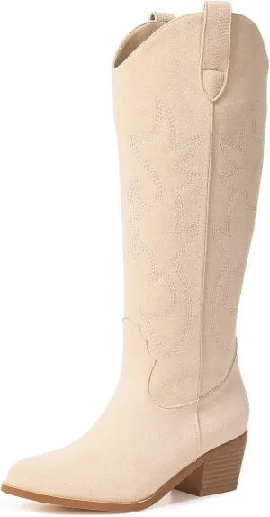 VIMISAOI Cowboy Boots for Women - Knee High, Pointed Toe, Wide Calf Western White Cowgirl Tall Boots