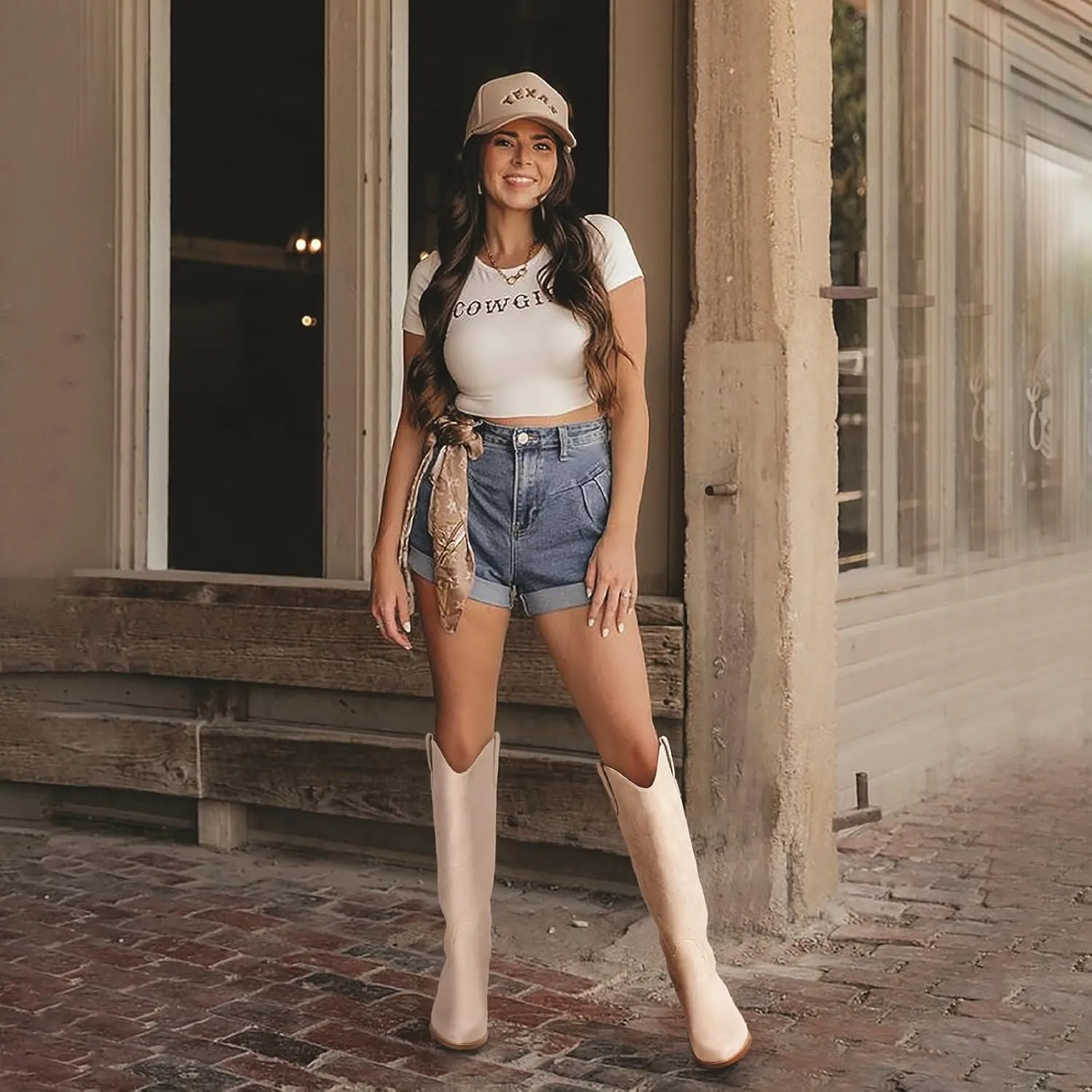 VIMISAOI Cowboy Boots for Women - Knee High, Pointed Toe, Wide Calf Western White Cowgirl Tall Boots