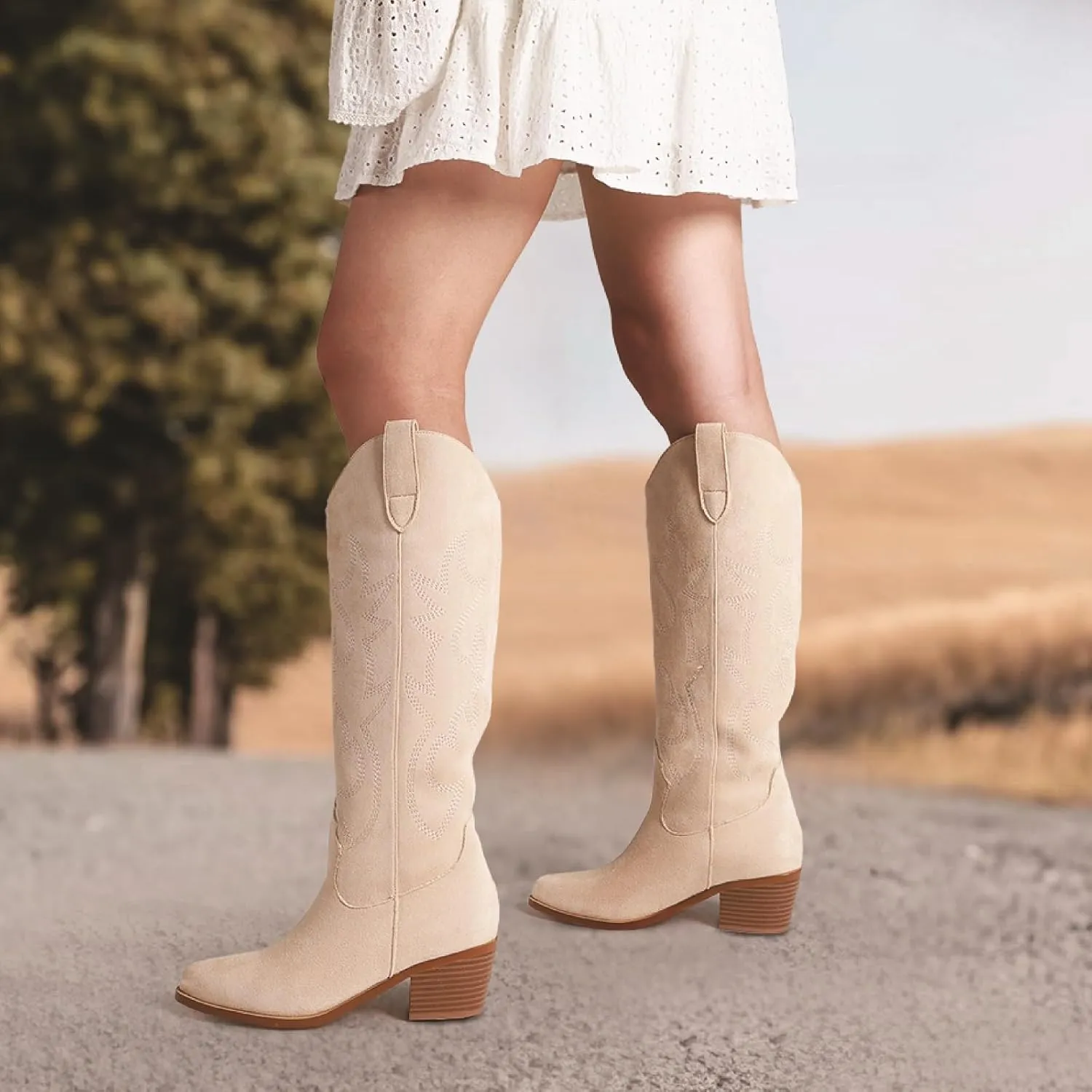 VIMISAOI Cowboy Boots for Women - Knee High, Pointed Toe, Wide Calf Western White Cowgirl Tall Boots