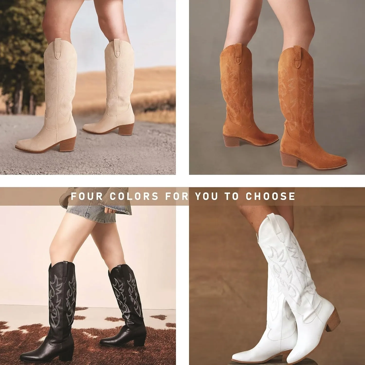 VIMISAOI Cowboy Boots for Women - Knee High, Pointed Toe, Wide Calf Western White Cowgirl Tall Boots