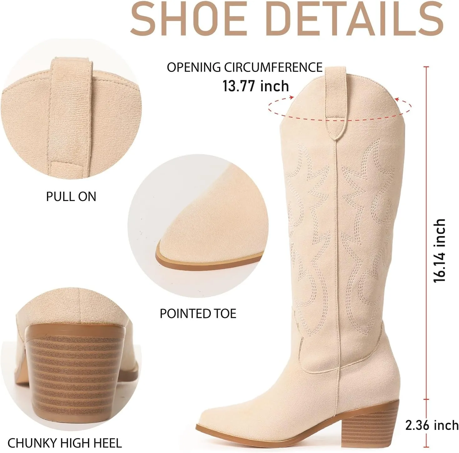 VIMISAOI Cowboy Boots for Women - Knee High, Pointed Toe, Wide Calf Western White Cowgirl Tall Boots