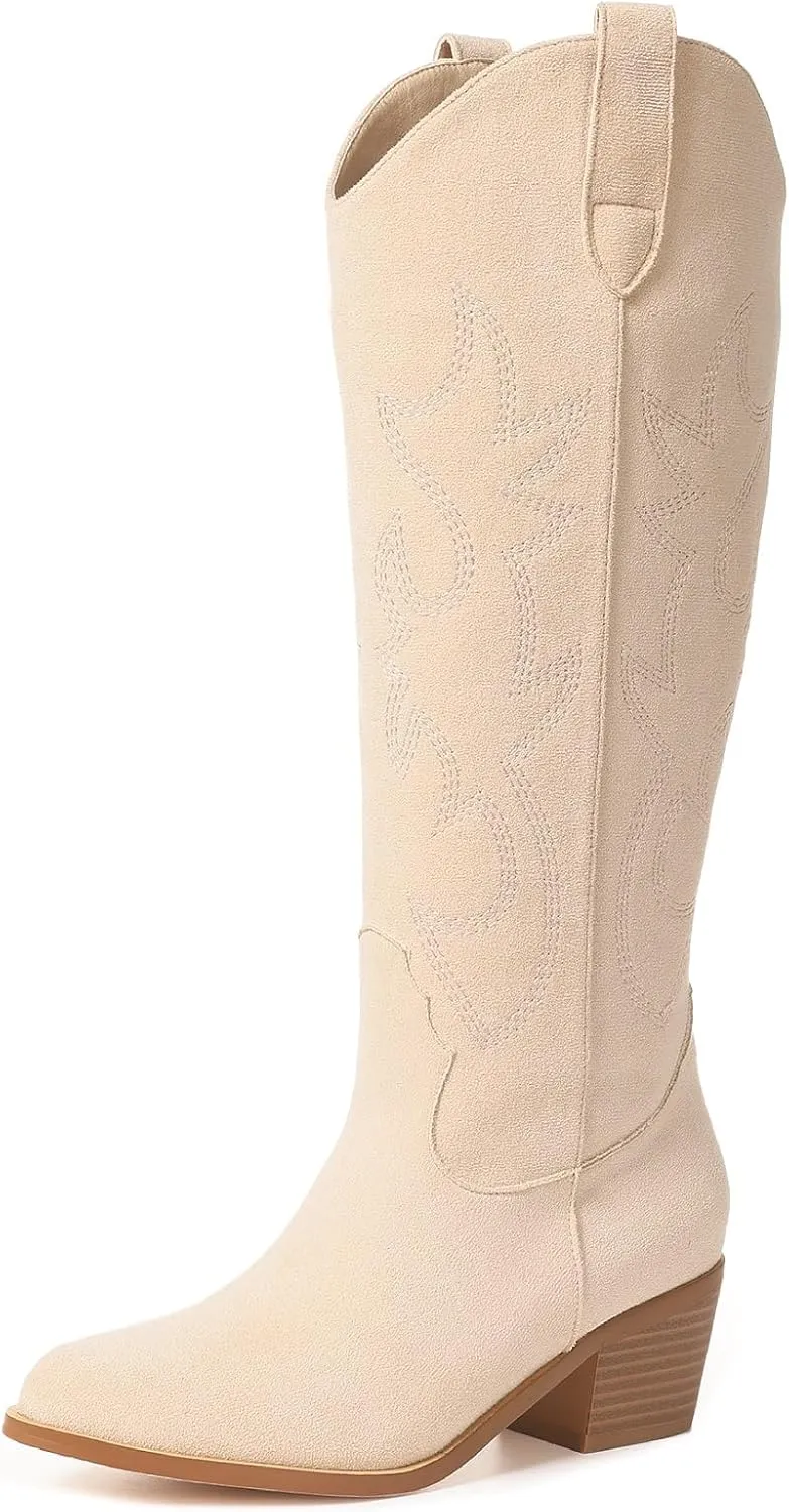 VIMISAOI Cowboy Boots for Women - Knee High, Pointed Toe, Wide Calf Western White Cowgirl Tall Boots
