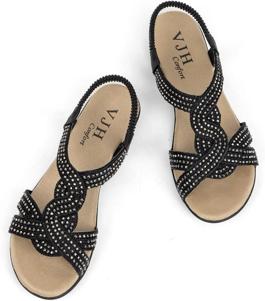 VJH confort Women's Flat Sandals Rhinestone Stretchy Strap Low Wedge Comfy Dressy Walking Sandals